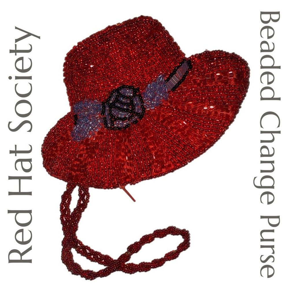 Red Hat Society - Beaded Change Purse - Red Hat with Purple & Black‎ Flower